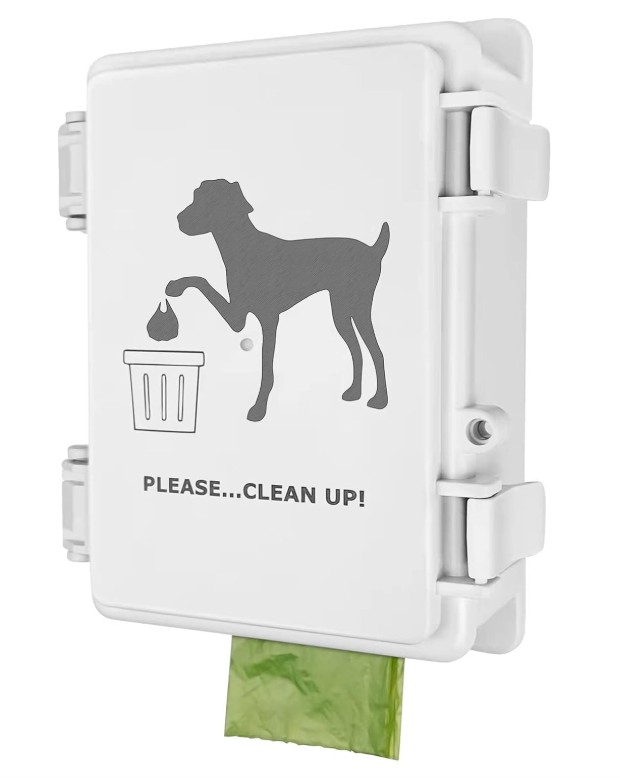 White plastic box dog waste bag dispenser with a grey image of a dog putting a bag into a rubbish bin printed on the surface.